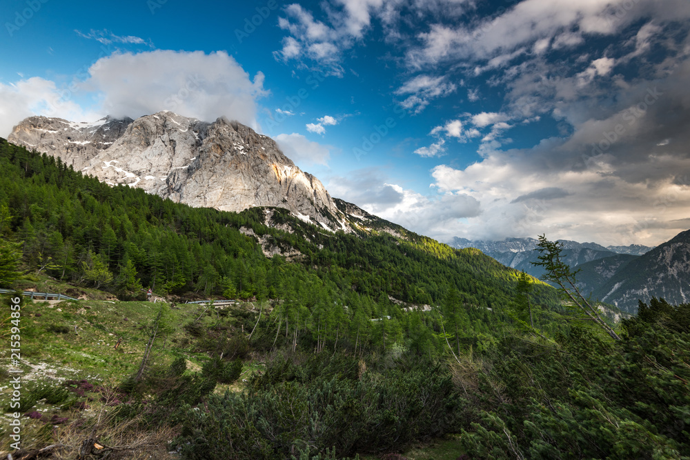 Vista over valley in Julian Alps at Triglav mountain