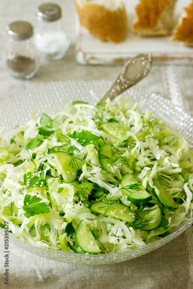 Vegetable salad of fresh cabbage, cucumber and onion with parsley and dill. Rustic style. Vegetable salad of fresh cabbage, cucumber and onion with parsley and dill. Rustic style.
