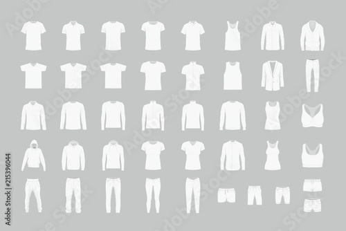 Set of white men's and women’s clothes. flat style. isolated on gray background photo