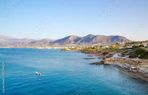 Crete, Greece. Hersonessos aria view on the town, mountains and sea