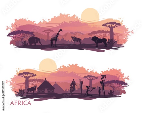 African landscape with people and animals