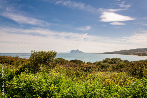 Beach and golf field in La Alcaidesa  Costa del Sol  Spain with Gibraltar in the horizon