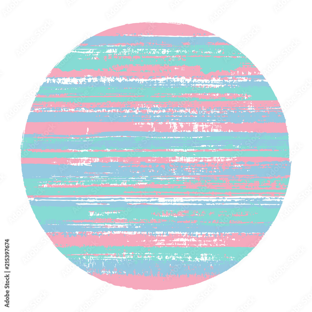 Rough circle vector geometric shape with striped texture of ink horizontal lines. Disk banner with old paint texture. Stamp round shape circle logo element with grunge background of stripes.