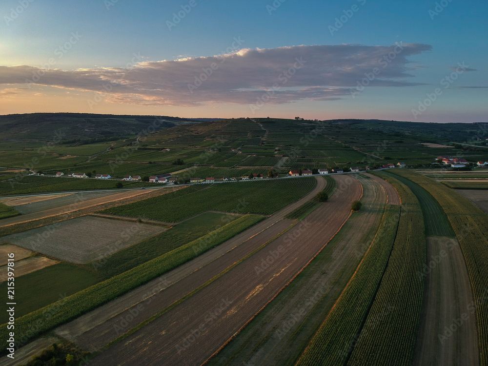 Aerial view of the Austrian countryside at sunset, Krems, Lower Austria