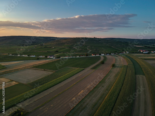 Aerial view of the Austrian countryside at sunset, Krems, Lower Austria