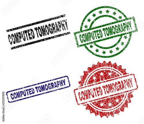 COMPUTED TOMOGRAPHY seal prints with corroded style. Black, green,red,blue vector rubber prints of COMPUTED TOMOGRAPHY tag with dust texture. Rubber seals with circle, rectangle, medallion shapes.
