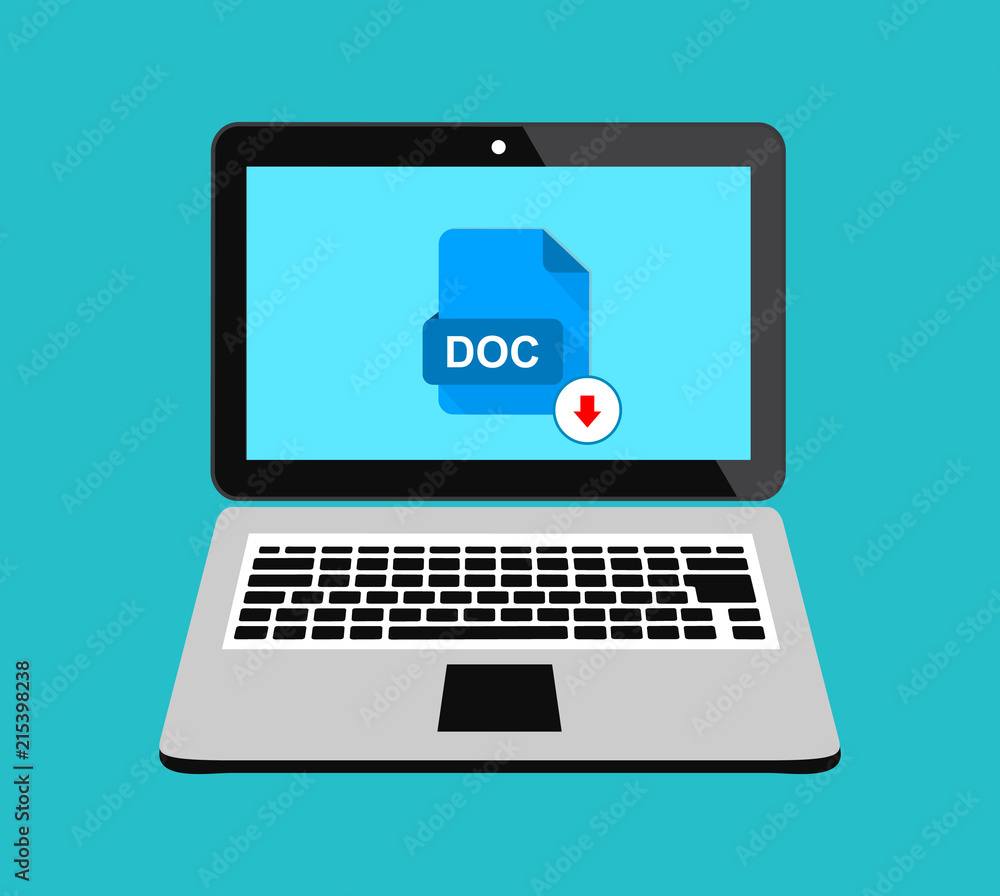 A Doc text file on a laptop monitor. Stock vector illustration.