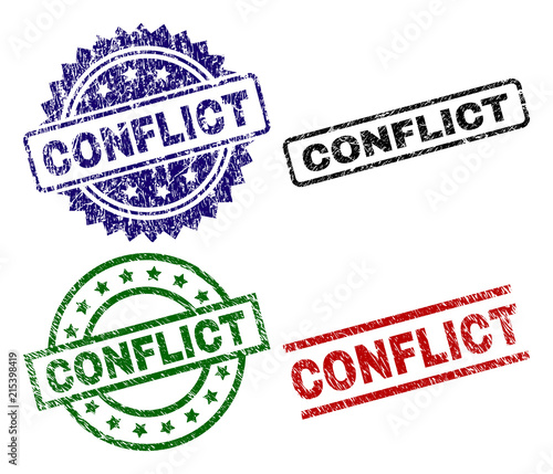 CONFLICT seal prints with damaged surface. Black, green,red,blue vector rubber prints of CONFLICT text with corroded style. Rubber seals with round, rectangle, medal shapes.