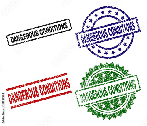 DANGEROUS CONDITIONS seal prints with corroded texture. Black, green,red,blue vector rubber prints of DANGEROUS CONDITIONS label with corroded texture. Rubber seals with round, rectangle,