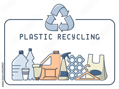 Plastic recycling illustration with trash and lettering. Linear style vector illustration. EPS10