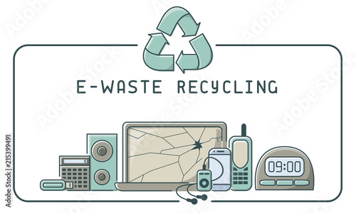 E-waste recycling icons set with electronics trash and lettering. Linear style vector illustration. EPS10 photo