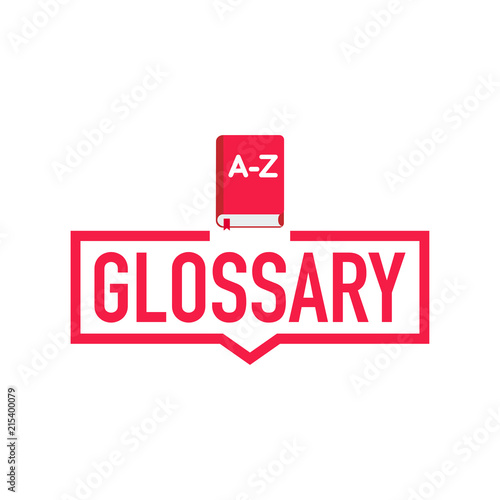 Glossary. Label with book icon. Flat vector illustration on white background.