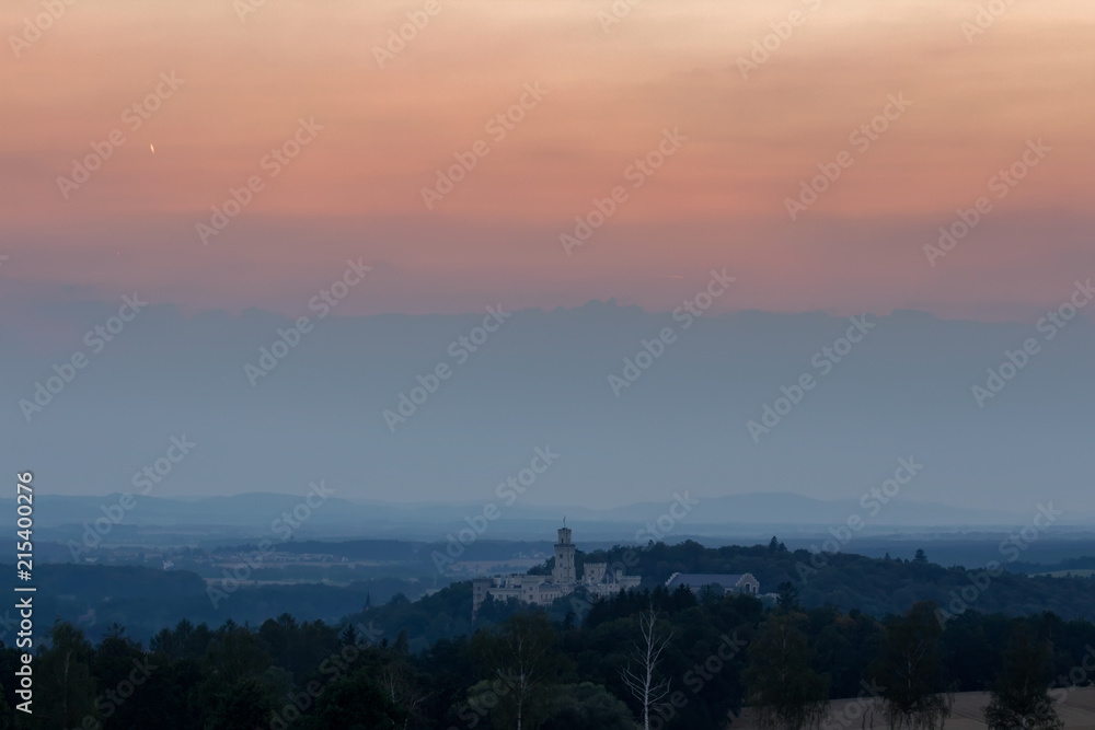 Renaissance chateau Hluboka nad Vltavou in sunset