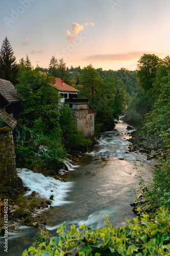 Beautiful sunset at famous Rastoke waterfalls village in Slunj, Coratia.