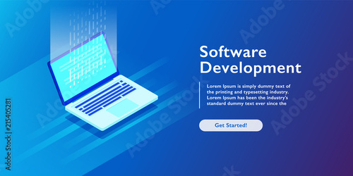 Software development and programming code on laptop, personal data processing, computing isometric vector