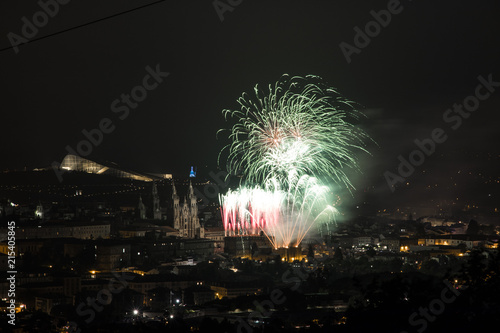 Santiago de Compostela, Spain. Fireworks display over the Cathedral of Saint James in honor of the Day of St James Festival 2018 (Dia del Apostol) in the capital of Galicia from the Monte Pedroso hill photo