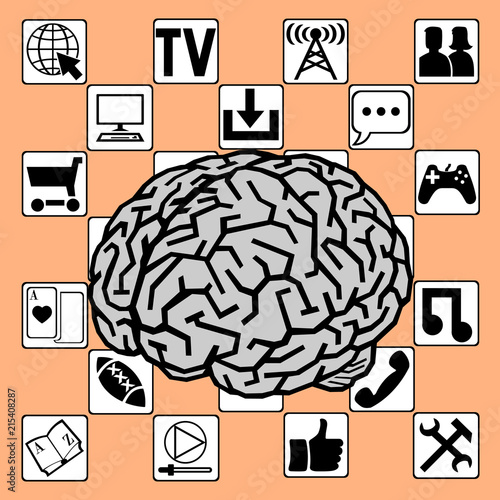 Brain in the information space. Vector illustration about the impact of information on the brain and the psyche of man. Work areas of the cerebral cortex. Perception of reality and attitude to life.