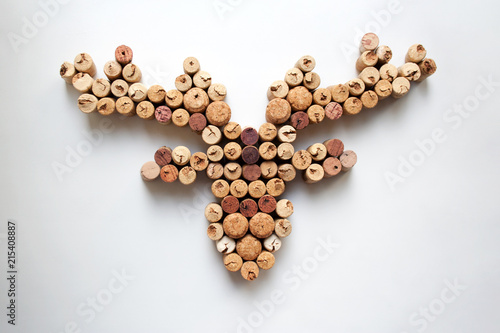 Wine corks deer head silhouette isolated on white background from a high angle view