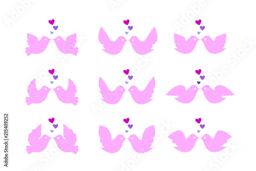 Nine pairs of pink kissing birds with wide wings and hearts. Vector illustration