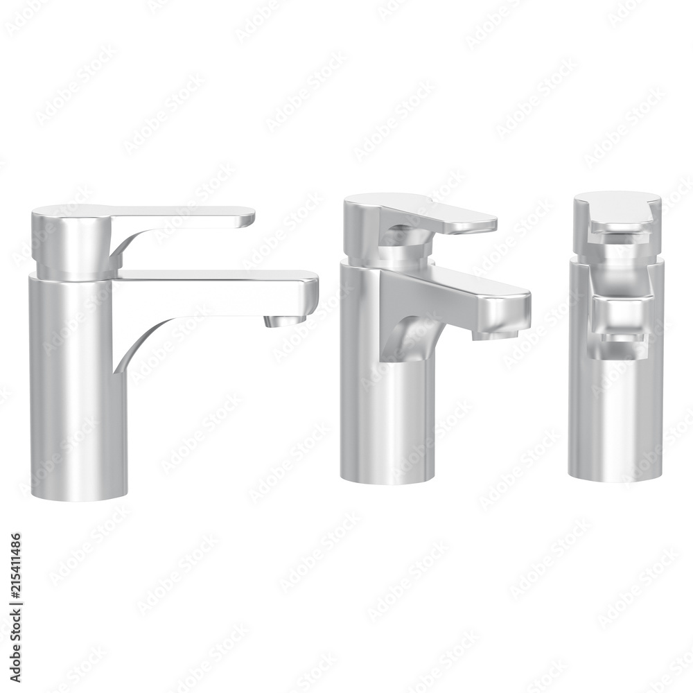 3D illustration isolated three white gold or silver faucets 3D illustration isolated three white gold or silver faucets