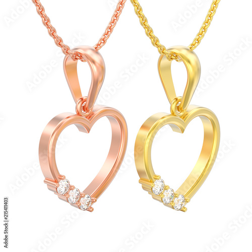 3D illustration two isolated rose and yellow gold diamond heart necklaces on chains