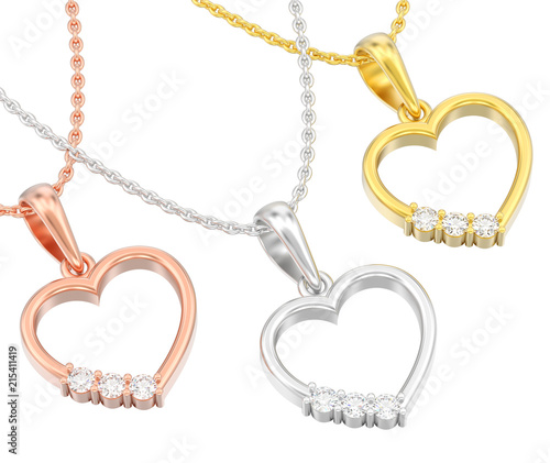 3D illustration three isolated yellow and rosr gold and silver diamond heart necklaces on chains