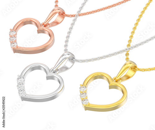 3D illustration three isolated yellow and rosr gold and silver diamond heart necklaces on chains