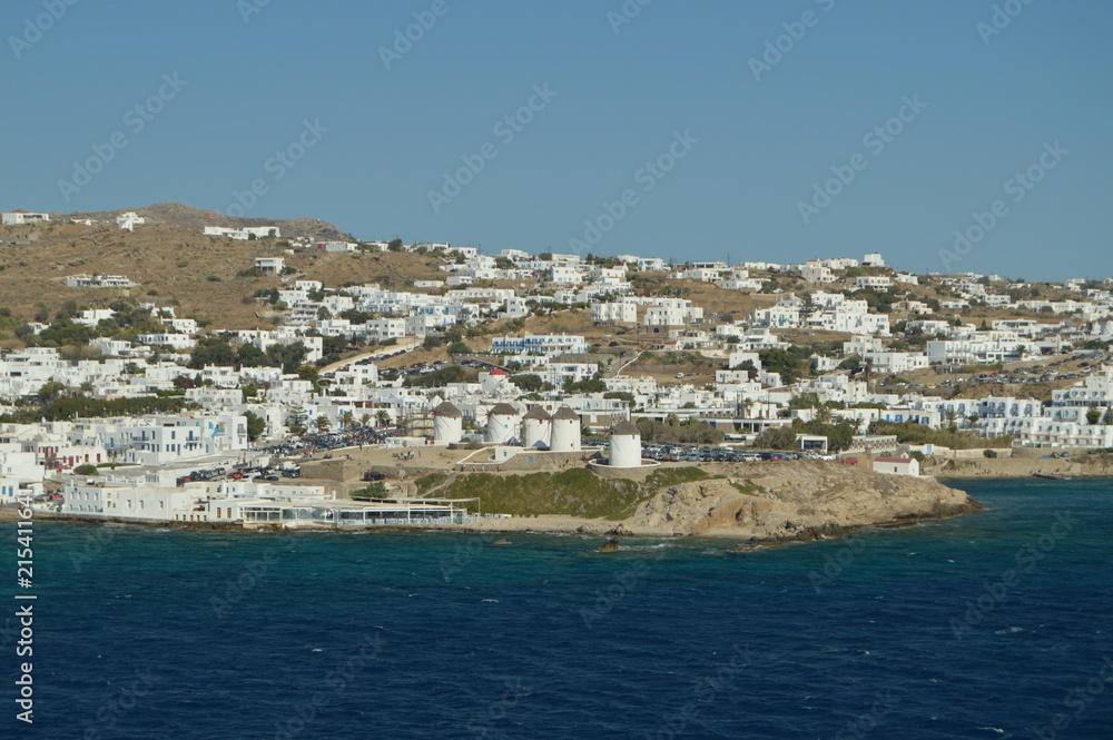 Obraz premium Nice Views From High Seas Of The Mykonos Mills. Art History Architecture. July 3, 2018. Chora, Mykonos Island, Greece.