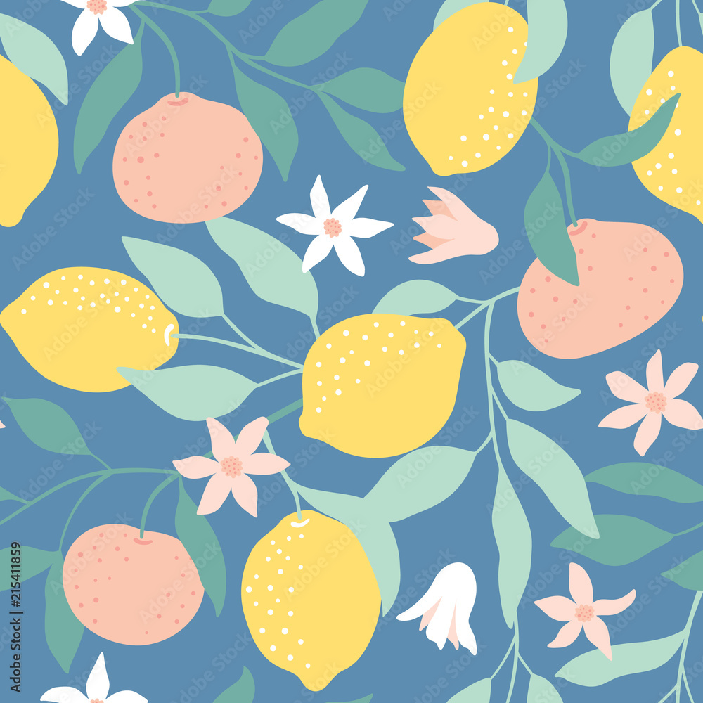 Seamless pattern with citrus fruits, flowers and leaves. Hand drawn overlapping backdrop. Colorful wallpaper. Vector illustration, good for printing. Seamless pattern with citrus fruits, flowers and leaves. Hand drawn overlapping backdrop. Colorful wallpaper. Vector illustration, good for printing.