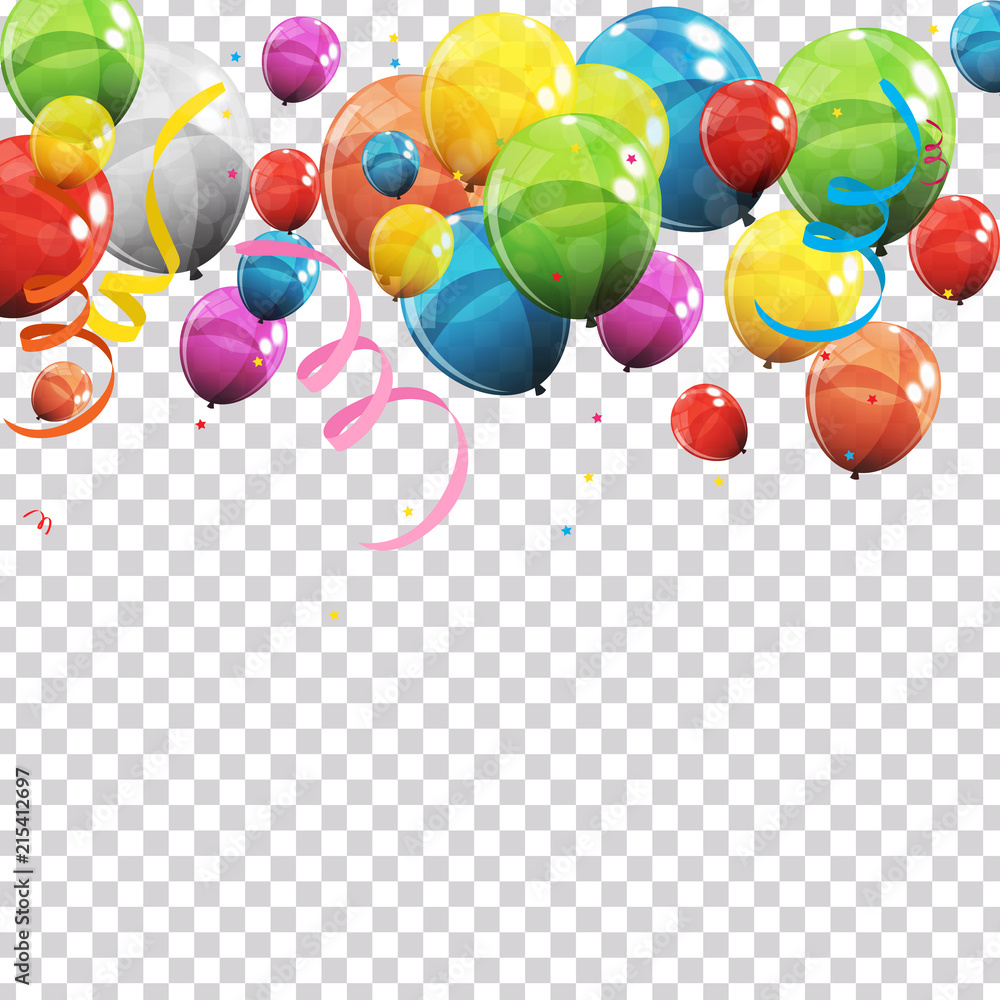 Color Glossy Balloons and Confetti on Transparent Checked Background