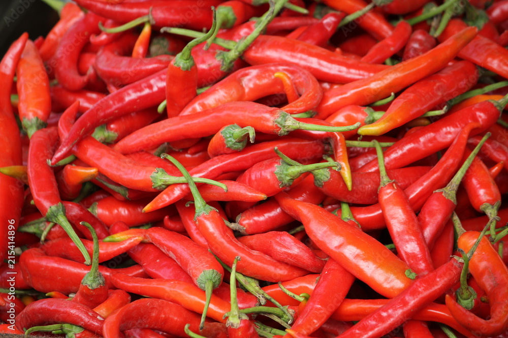 Fresh red chillies being sold at a spice market in india