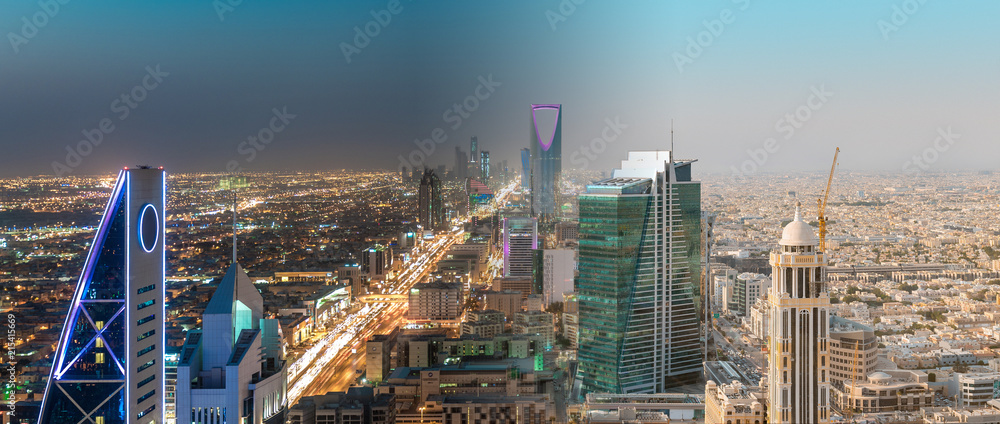 Saudi Arabia Riyadh Landscape Between Day and Night - Riyadh Tower Kingdom  Centre, Kingdom Tower, Riyadh Skyline - Burj Al-Mamlaka, AlMamlakah - Riyadh  at Daylight and Night Time - Tower View Stock