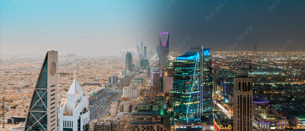 Saudi Arabia Riyadh Landscape Between Day and Night - Riyadh Tower Kingdom Centre, Kingdom Tower, Riyadh Skyline - Burj Al-Mamlaka, - at Daylight and Night Time - Tower View Stock