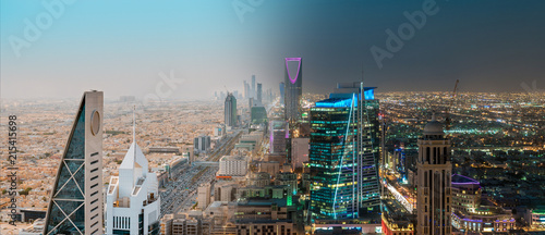 Saudi Arabia Riyadh Landscape Between Day and Night - Riyadh Tower Kingdom Centre, Kingdom Tower, Riyadh Skyline - Burj Al-Mamlaka, AlMamlakah - Riyadh at Daylight and Night Time - Tower View