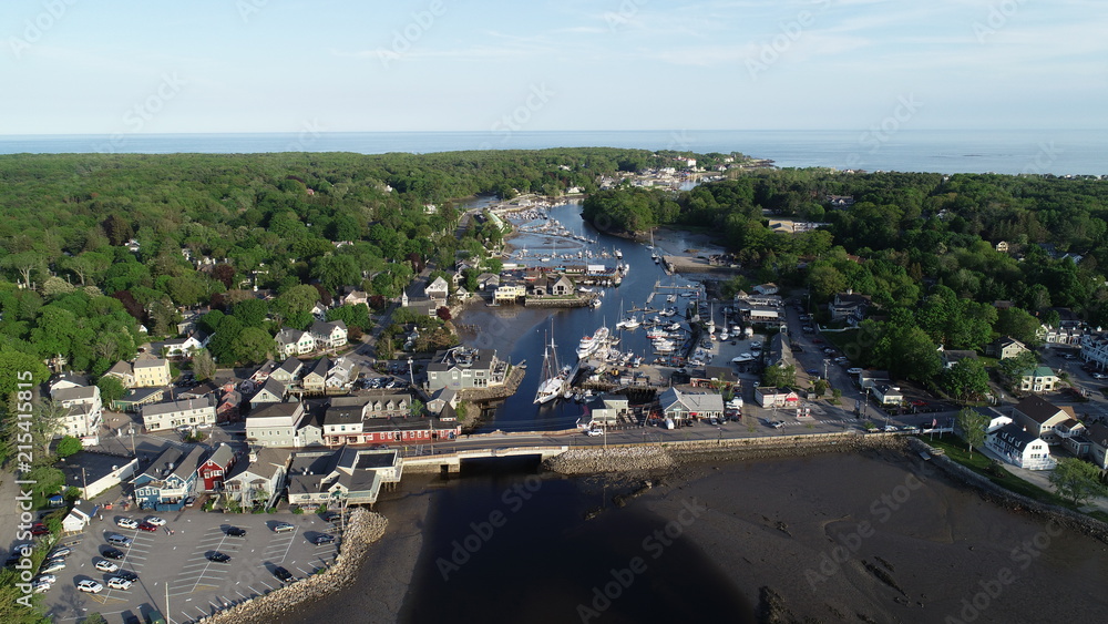 Aerial view of Kennebunkport with boats docked.