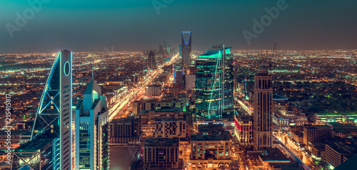 Saudi Arabia Riyadh landscape at night - Riyadh Tower Kingdom Centre - Kingdom Tower – Riyadh Skyline - Burj Al-Mamlaka – AlMamlakah – Riyadh at night photo