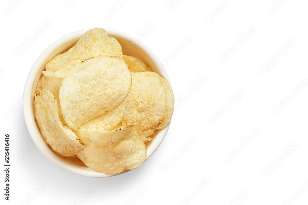 Delicious golden potato chips in a white bowl isolated on white background. Delicious golden potato chips in a white bowl isolated on white background.