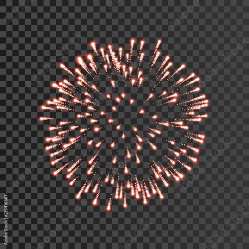 Firework red bursting isolated transparent background. Beautiful night fire, explosion decoration, holiday, Christmas, New Year. Symbol festival, American 4th july celebration. Vector illustration