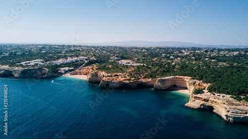 Beautiful rocks and cliff beaches of Algarve, Portugal coastline from above.