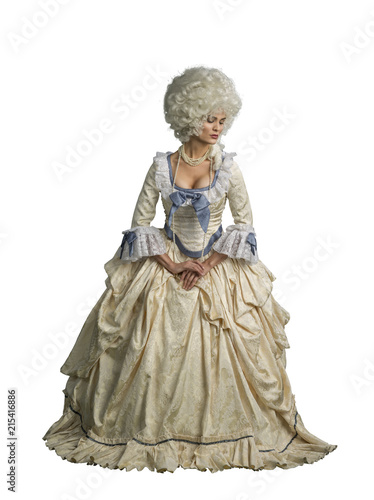 Marie Antoinette cosplay. Victorian dressed female model. Isolated on white.