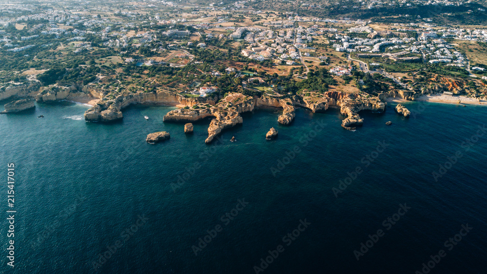Aerial view of the coast Algarve, Portugal. Concept for above beach of Portugal. Summer vacations in Portugal
