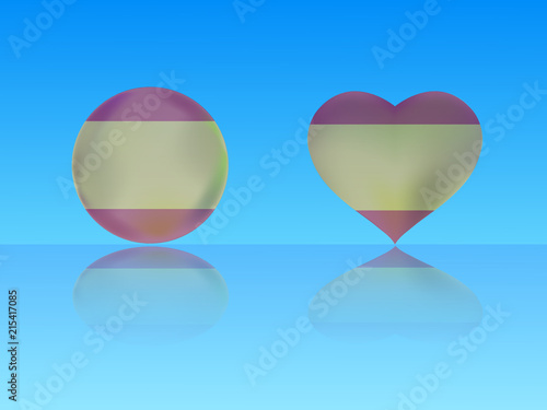 Spain flag in glossy ball and heart with reflection on blue background vector illustration