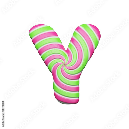 Sweet alphabet letter Y. Christmas font made of pink and green spiral striped lollipop. 3D render isolated on white background.