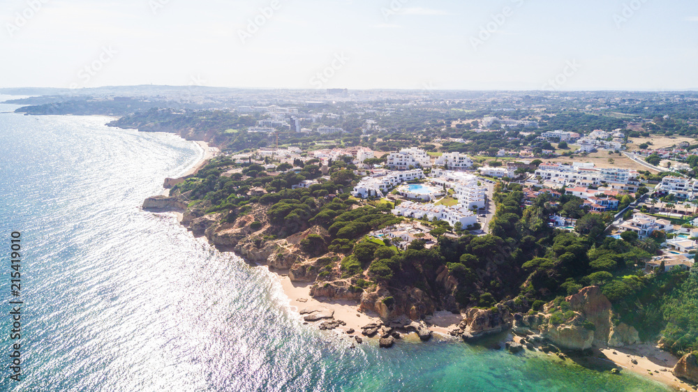 Beautiful Falesia Beach in Portugal seen from above. Portugal algarve beaches aerial view.