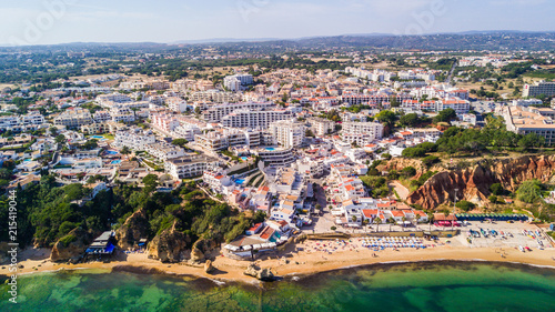 Aerial view of Algarve Beach. Beautiful Falesia beach from above in Portugal. Summer vocation in Portugal.