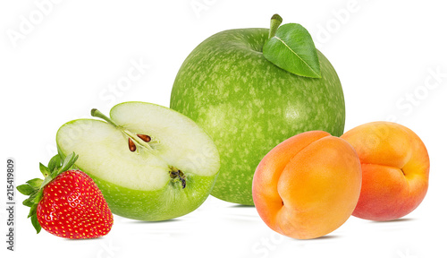 Fresh green apple with strawberries and apricot isolated on white background with clipping path