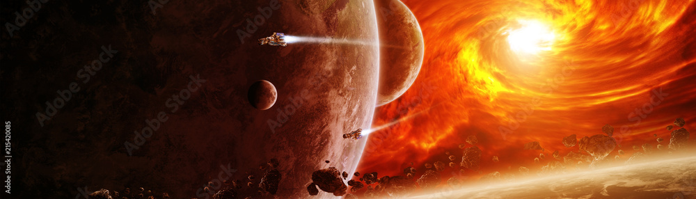 Fototapeta premium Wybuchające słońce w kosmosie w pobliżu planety Elementy renderowania 3D tego obrazu dostarczone przez NASA