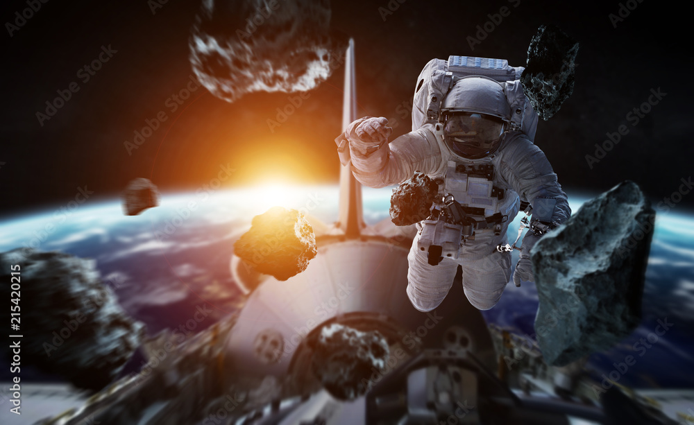 Fototapeta premium Astronaut working on a space station 3D rendering elements of this image furnished by NASA
