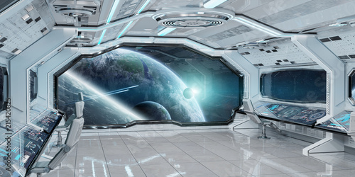 Fototapeta Naklejka Na Ścianę i Meble -  White clean spaceship interior with view on planet Earth 3D rendering