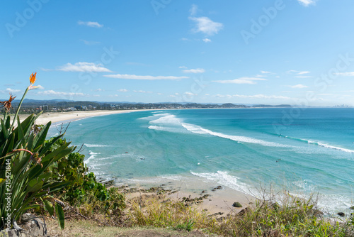 Coolangatta lookout view along white beach to Surfer's Paradise in distance